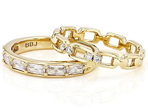 MOISSANITE FIRE® .71CTW DEW BAGUETTE AND ROUND 14K YELLOW GOLD OVER SILVER SET OF 2 RINGS - Size 5