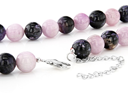 10mm Round Kunzite and 10mm Round Charoite Knotted Bead Strand Sterling Silver Necklace - Size 18