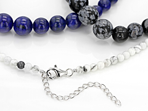 4-12mm Round Lapis Lazuli, Howlite, & Snowflake Obsidian Set of 3 Graduated Bead Silver Necklaces