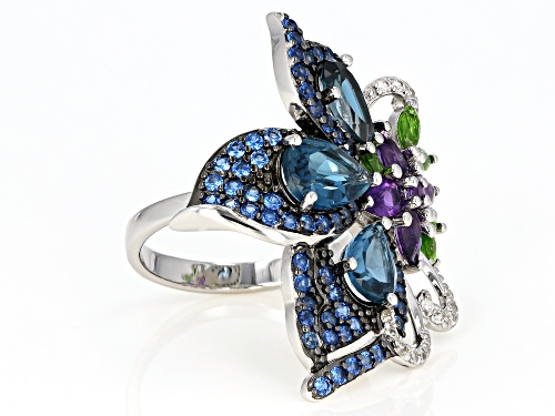 5.42ctw London Blue Topaz, Amethyst, Chrome, Lab Blue Spinel & White Zircon Rhodium Over Silver Ring - Size 6