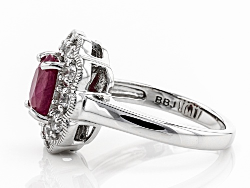 1.27ct oval Burmese ruby with .84ctw round white zircon rhodium over sterling silver ring - Size 10