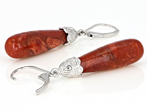 28X8MM TEARDROP SHAPE CABOCHON RED SPONGE CORAL RHODIUM OVER STERLING SILVER DANGLE EARRINGS