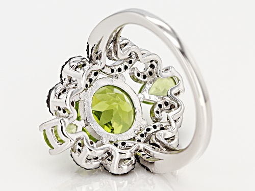 3.32ctw Manchurian Peridot(TM) & .31ctw Black Spinel Rhodium Over Silver Ring - Size 8