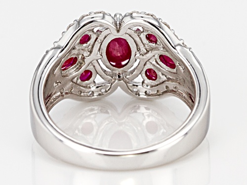 1.59ctw Oval and Round Burmese Ruby With .35ctw Round White Zircon Rhodium Over Silver Ring - Size 8