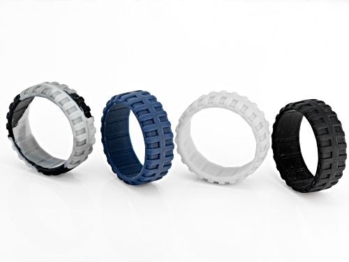 Camo Grey, Black, Navy and Light Grey Set of 4 Men's Silicone Band Rings - Size 11
