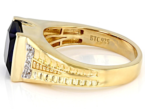 5.00ct Lab Created Blue Sapphire With 0.06ctw White Zircon 18k Yellow Gold Over Silver Men's Ring - Size 11