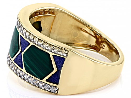 Malachite With Lapis Lazuli Inlay & .47ctw White Zircon 18k Yellow Gold Over Silver Men's Ring - Size 11