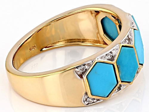 7x5mm Kingman Turquoise Inlay With 0.12ctw White Zircon 18k Yellow Gold Over Silver Men's Ring - Size 11