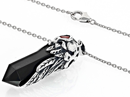 28x9mm Black Onyx With 0.37ctw Vermelho Garnet™ Sterling Silver Raven Pendant With Chain