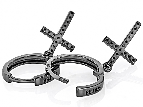 0.08ctw Round Black Spinel, Black Rhodium Over Sterling Silver Cross Dangle Men's Earrings
