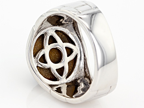 Round Cabochon Tigers Eye Men's Rhodium Over Sterling Silver Ring - Size 11