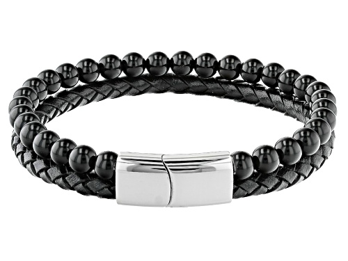 6mm Round Black Onyx Bead with Genuine Leather Stainless Steel Bracelet - Size 8.5