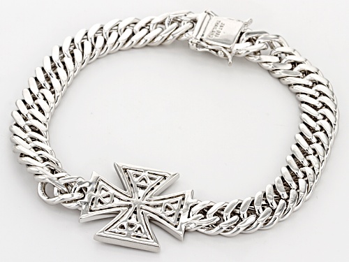 3.10ctw Round White Zircon Rhodium Over Sterling Silver Men's Cross Bracelet - Size 8.5