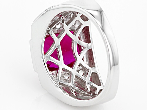 5.06ct Rectangular Octagonal Lab Ruby With .21ctw Lab White Sapphire Rhodium Over Silver Men's Ring - Size 10