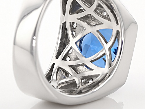 5.18ct Round Lab Created Blue Spinel And .45ctw Round White Topaz Rhodium Over Silver Men's Ring - Size 12