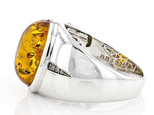 16x12mm Cabochon Amber With .03ctw  Champagne Diamond Accent Rhodium Over Silver Gents Ring - Size 12