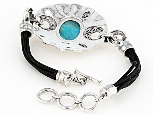 19.6x13.6mm Oval Turquoise Sterling Silver With Black Leather Strap Bracelet - Size 7.25