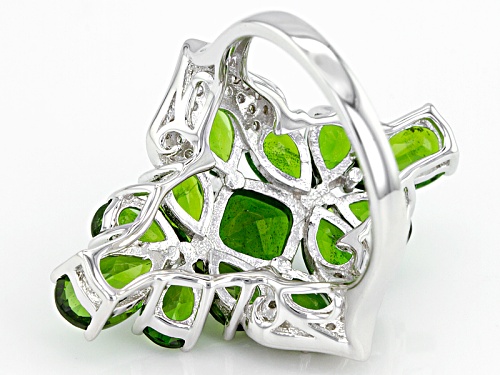 6.92ctw Square Cushion & Pear Shape Russian Chrome Diopside With .27ctw White Zircon Silver Ring - Size 6