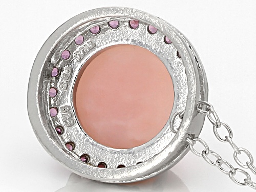 9mm Round Peruvian Pink Opal And .18ctw Round Raspberry Rhodolite Sterling Silver Slide With Chain