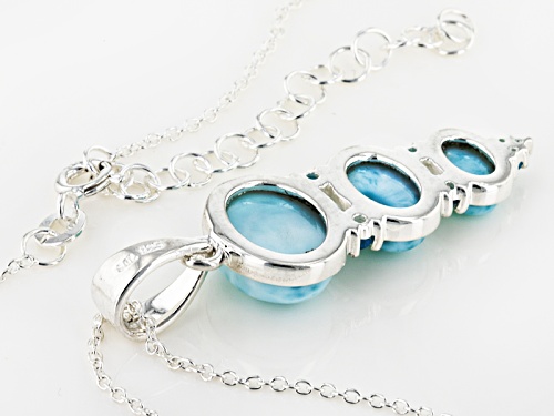 Graduated Oval Larimar Cabochons With .13ctw Round Neon Apatite Silver 3-Stone Pendant With Chain