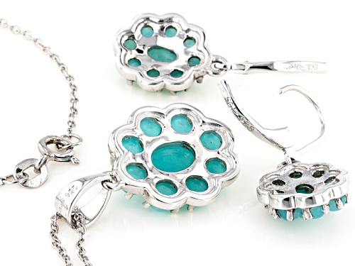 Oval And Round Cabochon Amazonite Sterling Silver Floral Pendant And Earrings Set