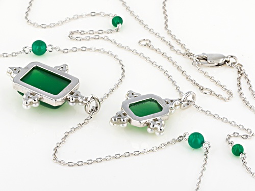 Emerald Cut Cabochon And Round Green Onyx Bead With  White Cultured Freshwater Pearl Silver Necklace - Size 18