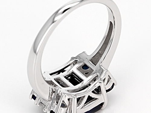 3.67ctw Emerald Cut & Round Blue Sapphire With .24ctw White Zircon Rhodium Over Silver Ring - Size 9