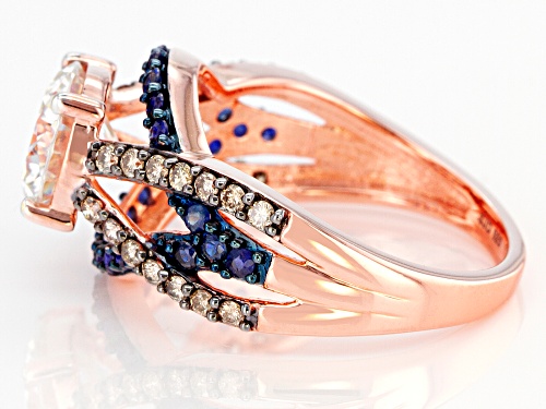 MOISSANITE FIRE(R) 1.90CT DEW WITH CHAMPAGNE DIAMOND & BLUE SAPPHIRE 14K ROSE GOLD OVER SILVER RING - Size 5