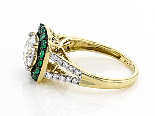 MOISSANITE FIRE(R) 2.10CTW DEW AND ZAMBIAN EMERALD 14K YELLOW GOLD OVER SILVER RING - Size 7