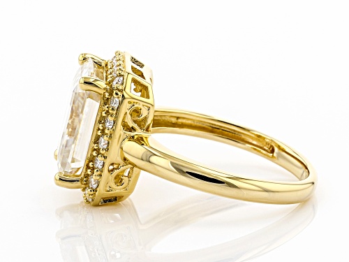MOISSANITE FIRE(R) 5.33CTW DEW OCTAGONAL EMERALD CUT AND ROUND 14K YELLOW GOLD OVER SILVER RING - Size 7