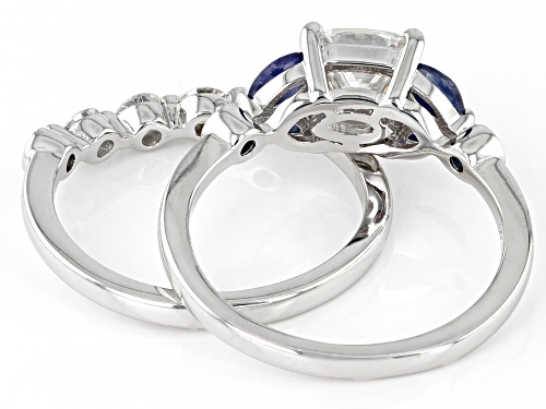 MOISSANITE FIRE(R) 1.66CTW DEW AND BLUE SAPPHIRE PLATINEVE(R) RING WITH BAND - Size 10