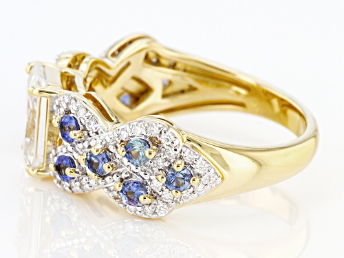 MOISSANITE FIRE(R) 2.38CTW DEW AND BLUE SAPPHIRE 14K YELLOW GOLD OVER SILVER RING - Size 6
