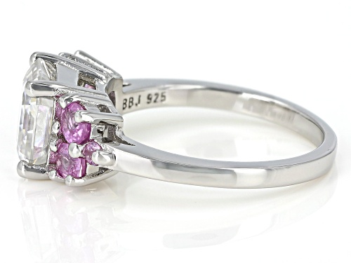 MOISSANITE FIRE(R) 2.96CT DEW ASSCHER CUT  WITH OVAL & ROUND PINK SAPPHIRE PLATINEVE(R) RING - Size 7