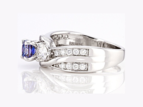 MOISSANITE FIRE(R) AND BLUE MOISSANITE 1.50CTW DEW CUSHION CUT & ROUND PLATINEVE(R) RING - Size 7