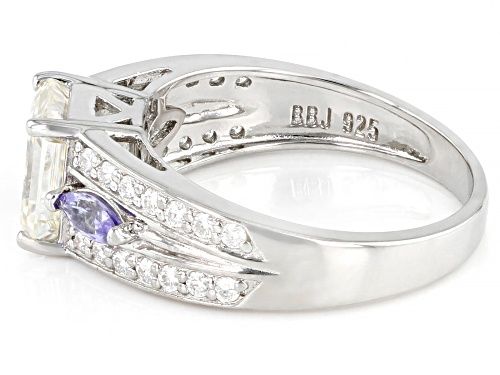 MOISSANITE FIRE(R) 2.03CTW DEW EMERALD CUT & ROUND WITH MARQUISE TANZANITE PLATINEVE(R) RING - Size 7