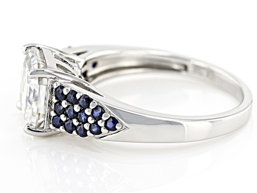 MOISSANITE FIRE(R) 2.96CT DEW ASSCHER CUT & ROUND BLUE SAPPHIRE PLATINEVE(R) RING - Size 7