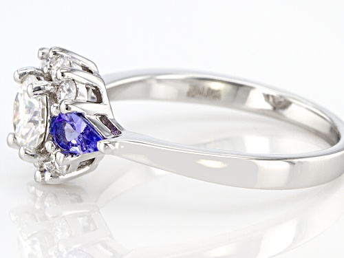 MOISSANITE FIRE(R) .84CTW DEW ROUND & PEAR SHAPE TANZANITE PLATINEVE(R) RING - Size 7