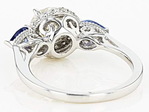 Moissanite Fire® 1.51ctw Dew And .52ctw Blue Sapphire Platineve™ Ring - Size 10
