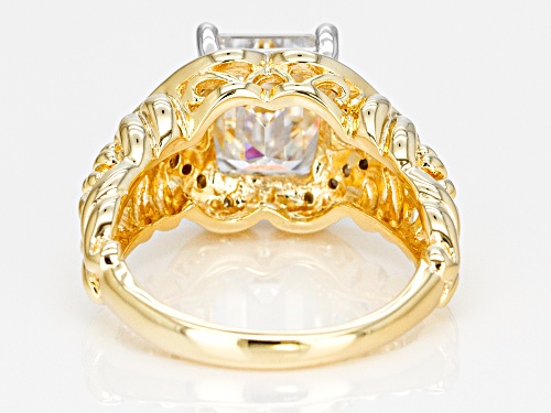 MOISSANITE FIRE® 3.83CTW DEW EMERALD CUT AND ROUND 14K YELLOW GOLD OVER SILVER RING - Size 7