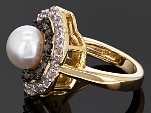 8mm Cultured Freshwater Pearl & 0.41ctw Alexandrite & 0.6ctw Zircon 18k Yellow Gold Over Silver Ring - Size 11