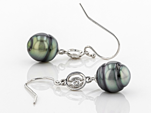 9mm Cultured Tahitian Pearl With 0.0135ctw White Topaz Rhodium Over Silver Dangle Earring