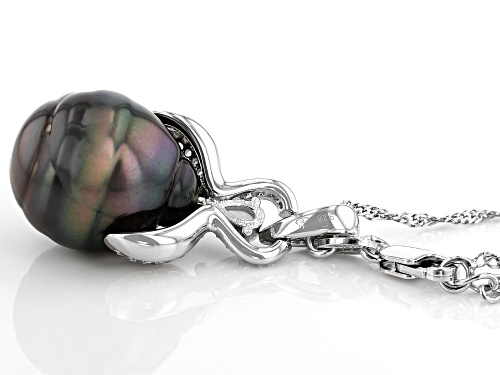 14mm Cultured Tahitian Pearl With White Zircon Rhodium Over Sterling Silver Pendant With Chain
