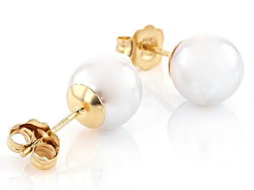 7-7.5mm White Cultured Japanese Akoya Pearl 14k Yellow Gold Stud Earrings