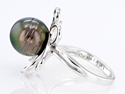 10-11mm Cultured Tahitian Pearl Rhodium Over Sterling Silver Ring - Size 8