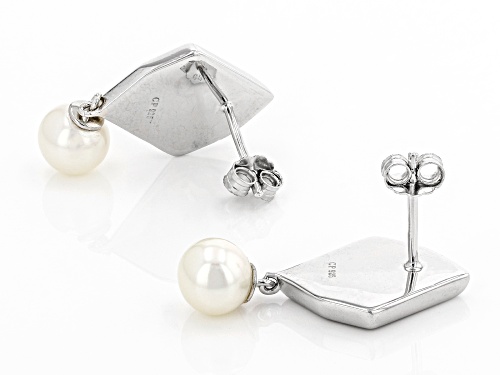 6-7mm White Cultured Freshwater Pearl & Mother-of-Pearl Rhodium Over Sterling Silver Earrings
