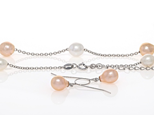 Genusis™ 6-8mm Cultured Freshwater Pearl Rhodium Over Silver Necklace, Bracelet, & Earring Set