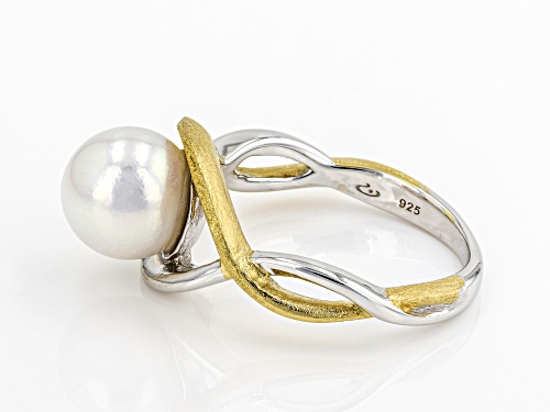 8mm White Cultured Japanese Akoya Pearl Rhodium & 18k Yellow Gold Over Sterling Silver Ring - Size 10
