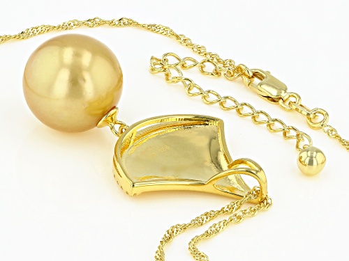 13-14mm Golden Cultured South Sea Pearl & White Topaz 18k Yellow Gold Over Silver Pendant With Chain