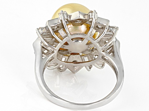 11mm Golden Cultured South Pearl & 1.80ctw White Zircon Rhodium Over Sterling Silver Ring - Size 10