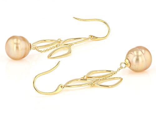 10-11mm Golden Cultured South Sea Pearl 18k Yellow Gold Over Sterling Silver Dangle Earrings